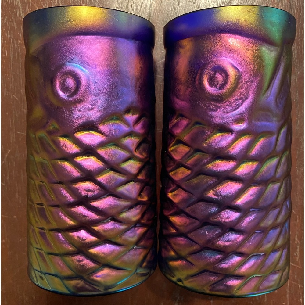 2 Beautiful Rare Vintage John Cook Iridescent Cobalt/Purple Koi Art Glasses